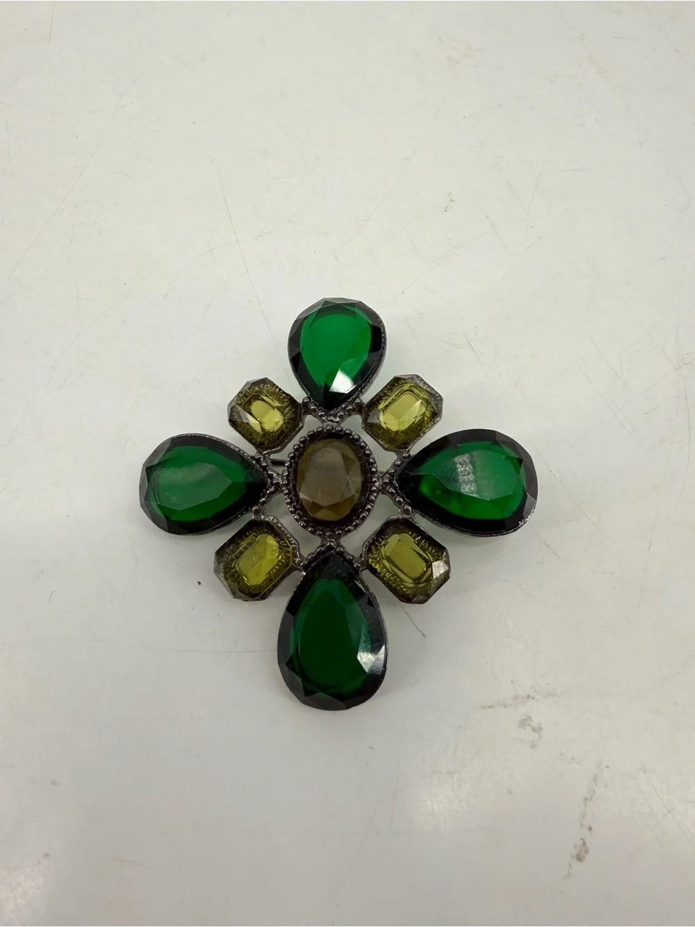 Vintage Style Emerald Green Yellow Faceted Rhinestone Floral Brooch Pin